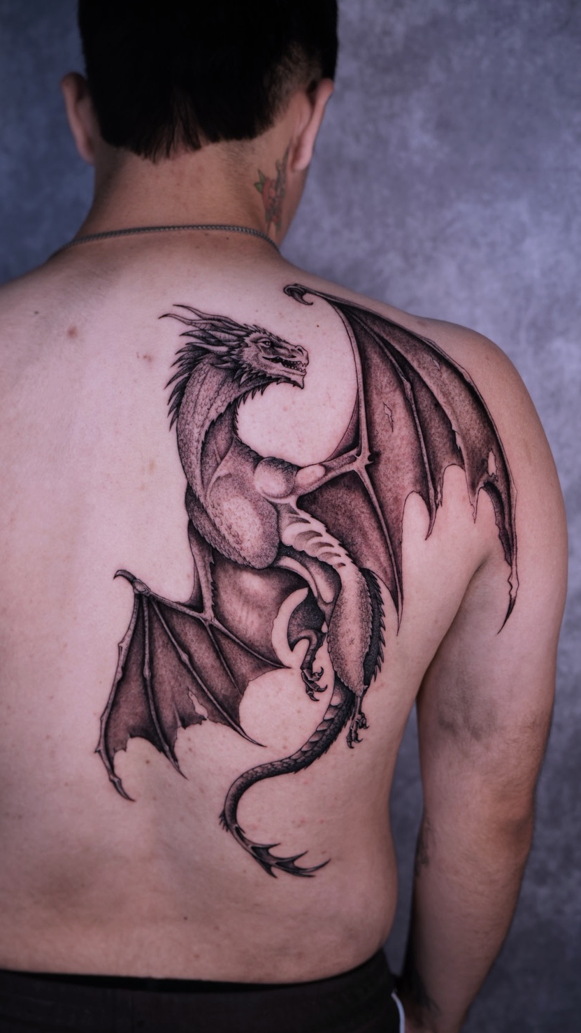 Black and grey dragon back tattoo by Eduardo Marquez